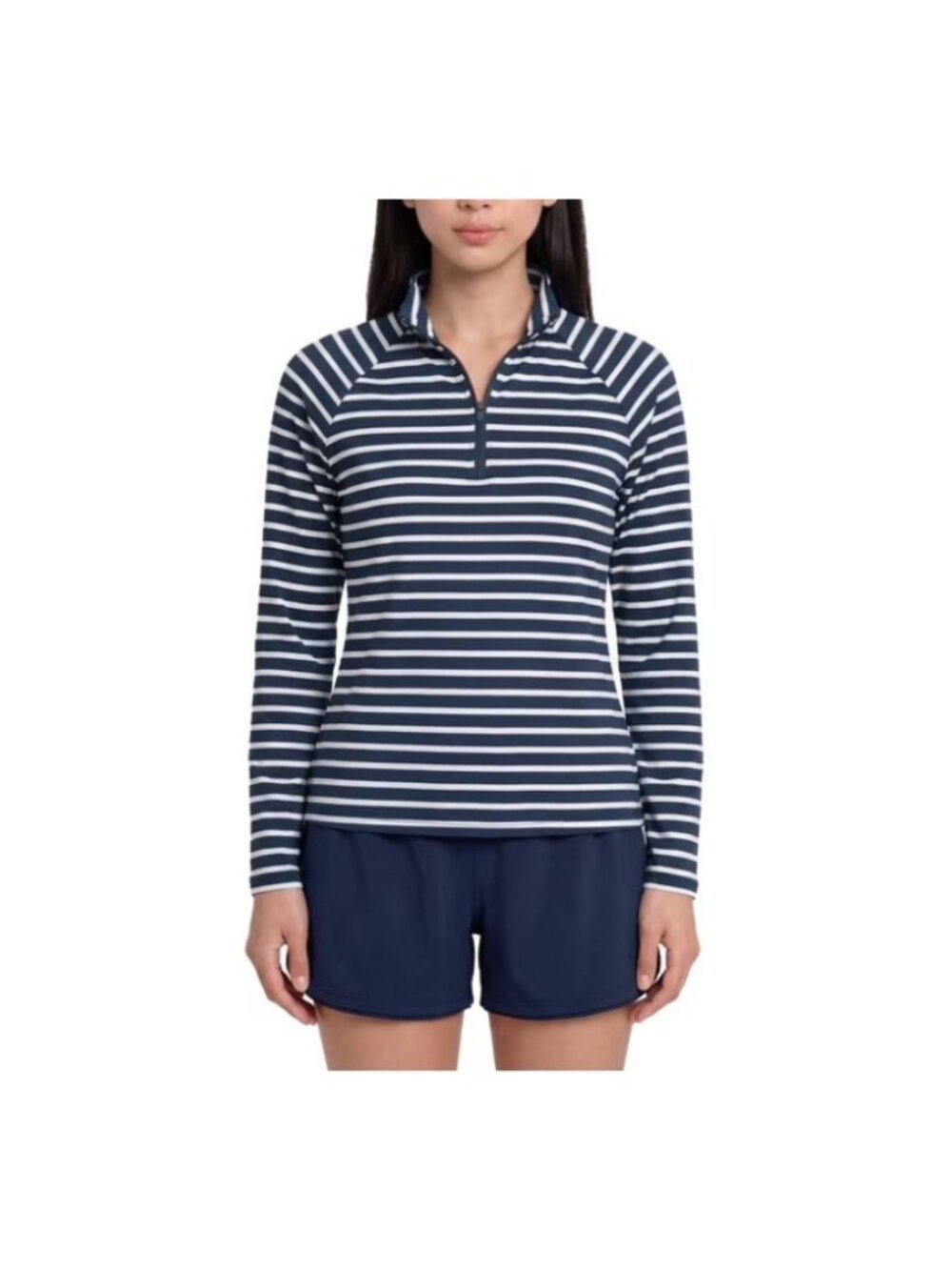 Lands End Womens Quarter Zip UV Tee Navy White Striped UPF 50 Long Sleeve-Large